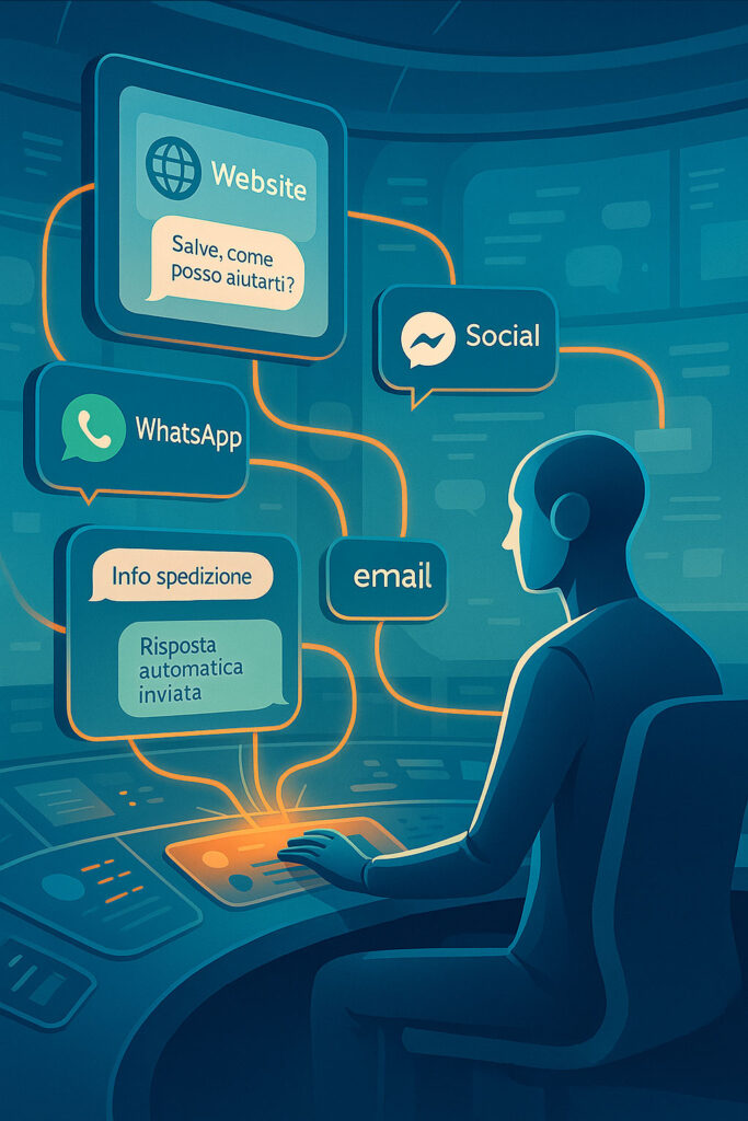 Chatbot AI personalizzati - Una stanza tipo “torre di controllo”, ma anziché radar e voli, ci sono bolle di chat da ogni canale (social, WhatsApp, sito).