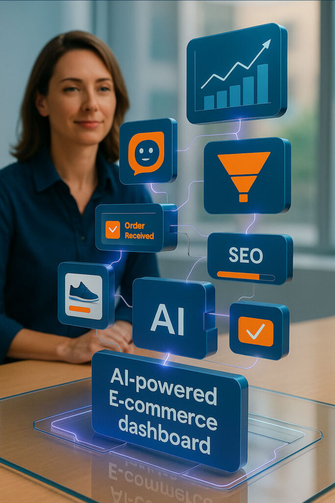 E-commerce AI ottimizzato - imprenditrice osserva mentre un’interfaccia e-commerce si auto-compone