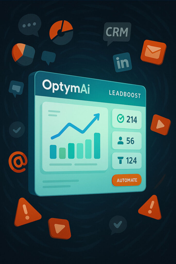 Lead generation con AI - Un’interfaccia digitale pulita e luminosa (OptymAi LeadBoost) al centro, sospesa su sfondo scuro e turbolento.