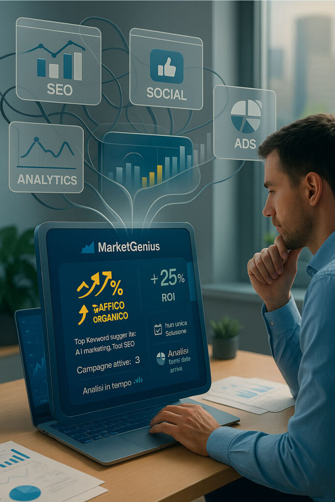 Marketing digitale con AI - La confusione che si dissolve un ambiente professionale, moderno, tipo ufficio minimal