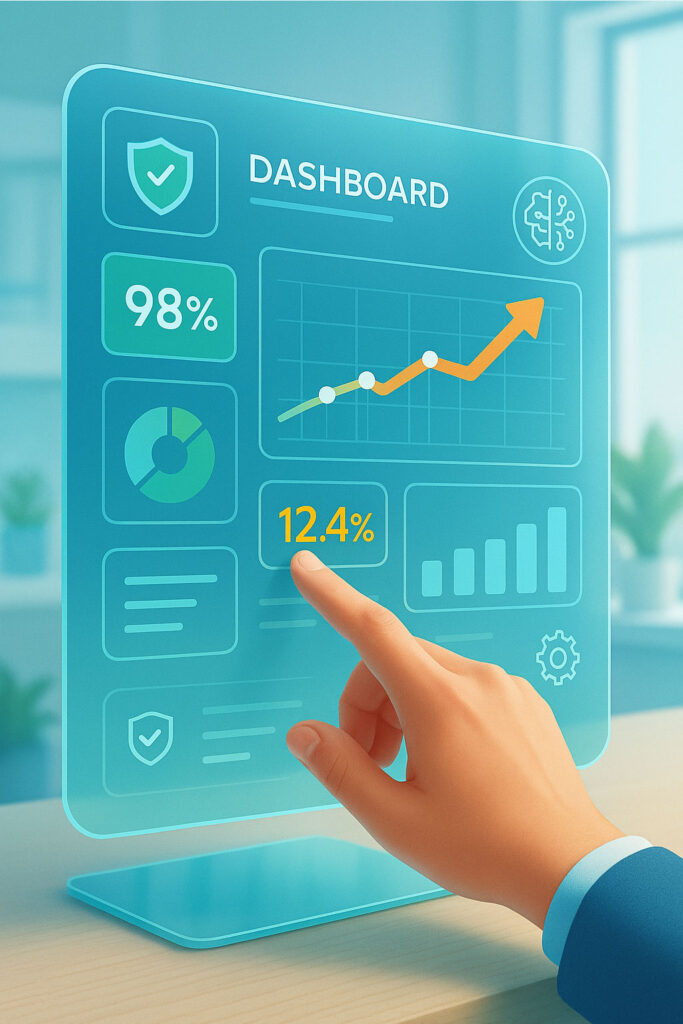 Ottimizzazione AI per siti web - In primo piano, una mano rilassata che tocca uno schermo trasparente con KPI chiari, dashboard verdi-azzurre e simboli AI che fluttuano in 3D