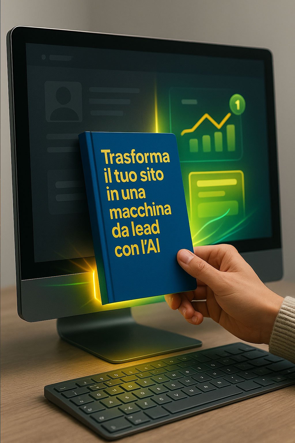 Guida gratuita lead con AI - Un desktop con un sito web spento. Una mano inserisce una copertina della guida come fosse un caricatore di energia. immediatamente, il sito si illumina